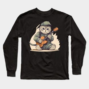 Scottish Fold Cat Playing Guitar Long Sleeve T-Shirt